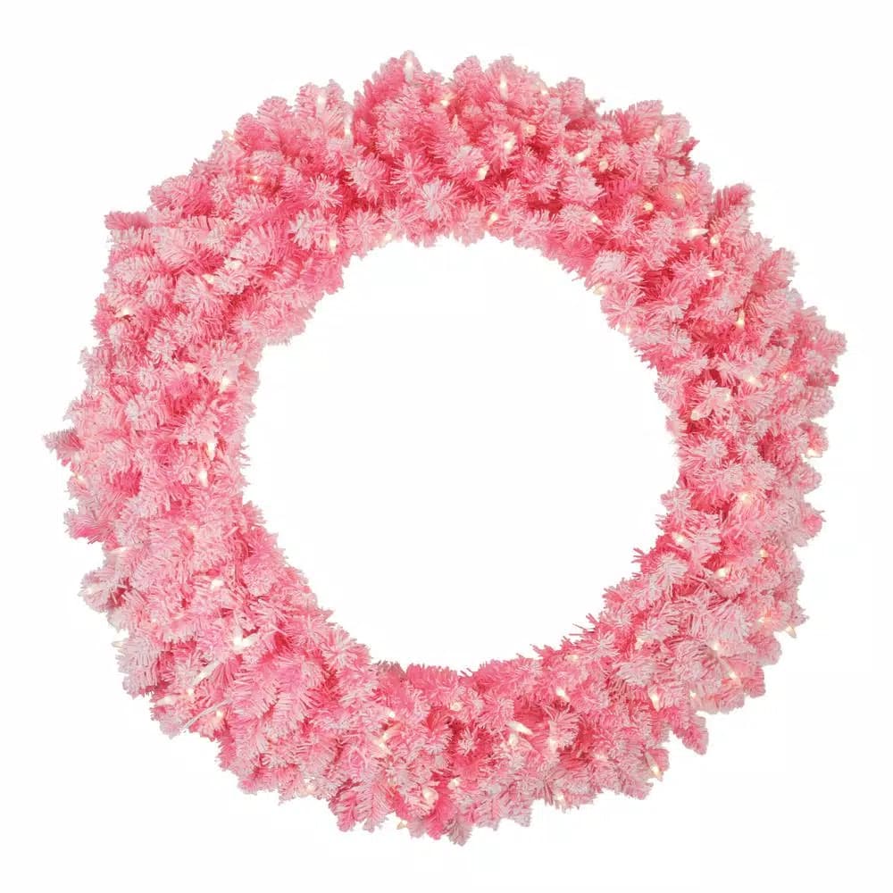 Northlight 36 in. Pre-Lit Flocked Pink Artificial Christmas Wreath with 100 Warm White Lights