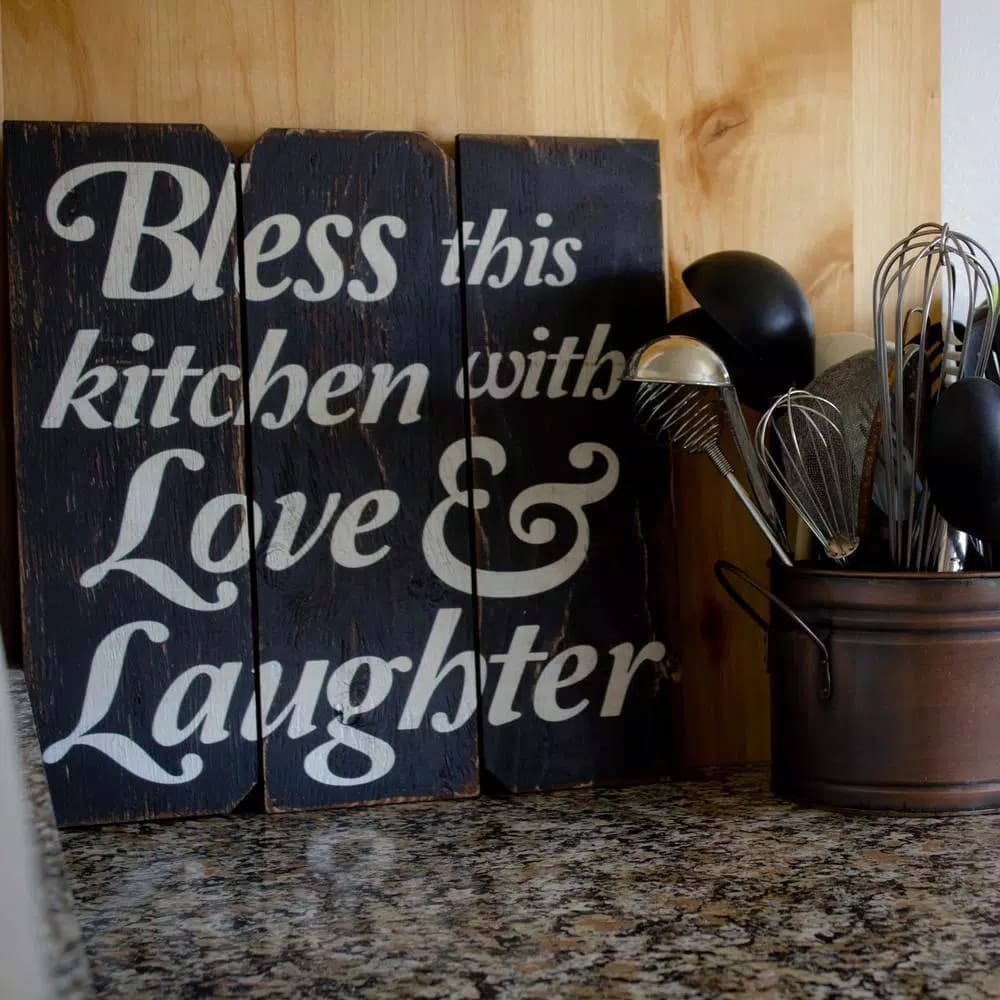 Unbranded Boulder Innovations 16 in. x 16 in. Bless This Kitchen With Love and Laughter Wood Wall Art