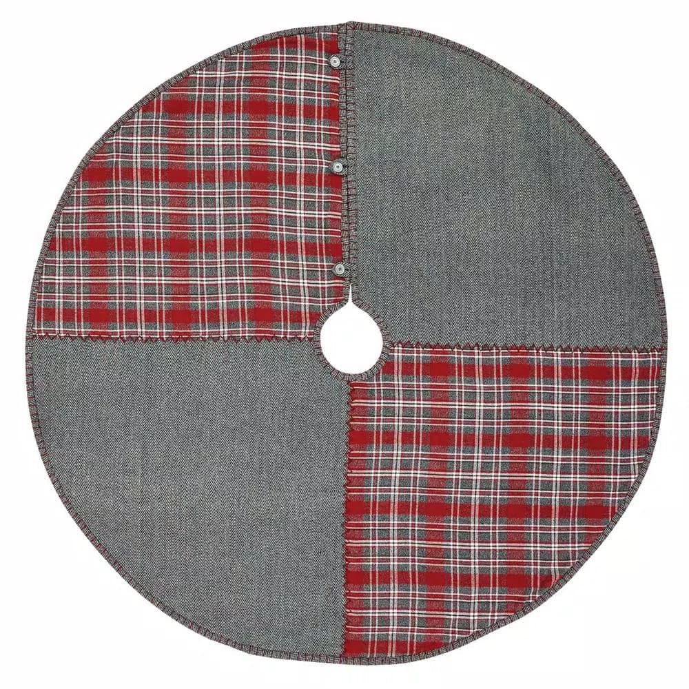 VHC Brands 48 in. Anderson Cherry Red Rustic Patchwork Christmas Tree Skirt