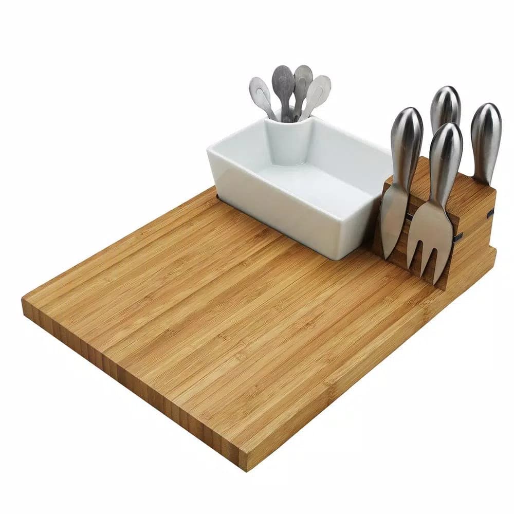 Unbranded Buxton Bamboo Cheese Board Set with 4 Stainless Steel Tools and Ceramic Bowl