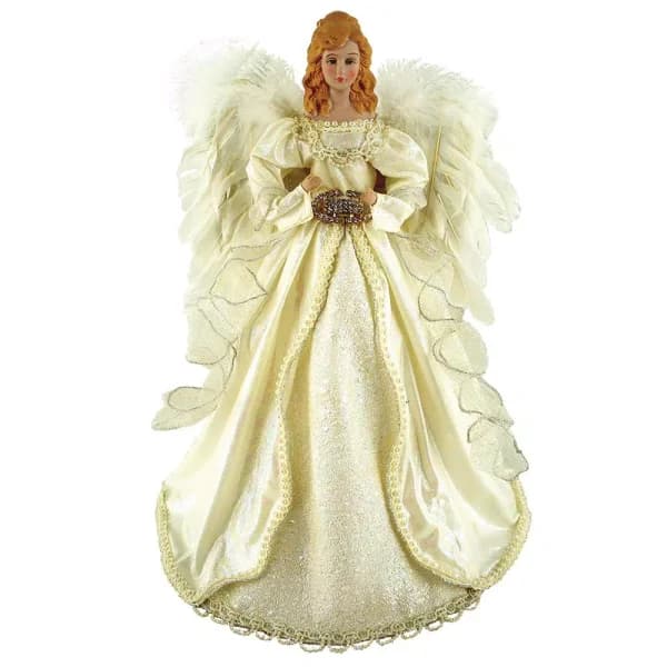 Santa's Workshop 16 in. Majestic Cream Angel Tree Topper with Gold Trim and Feather Wings