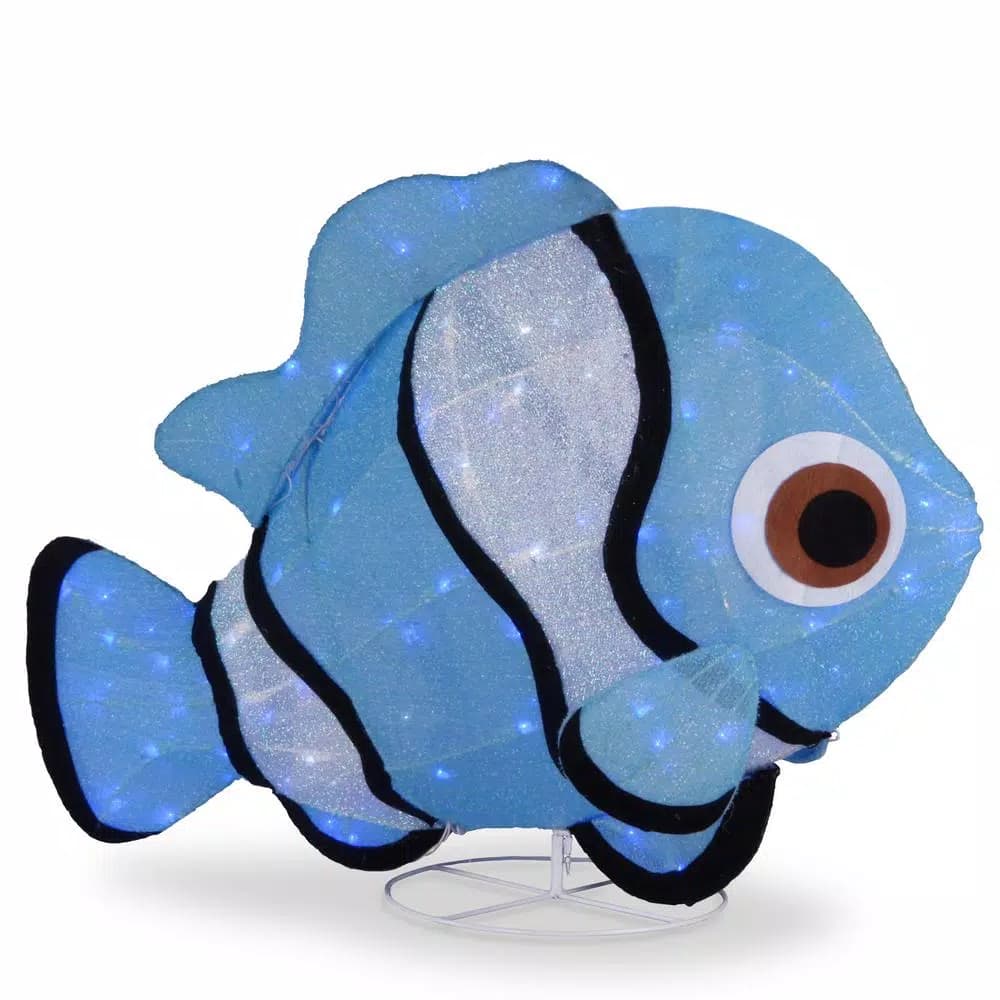 National Tree Company 38 in. Blue Tinsel Fabric Fish Yard Decoration with Cool White LED Lights