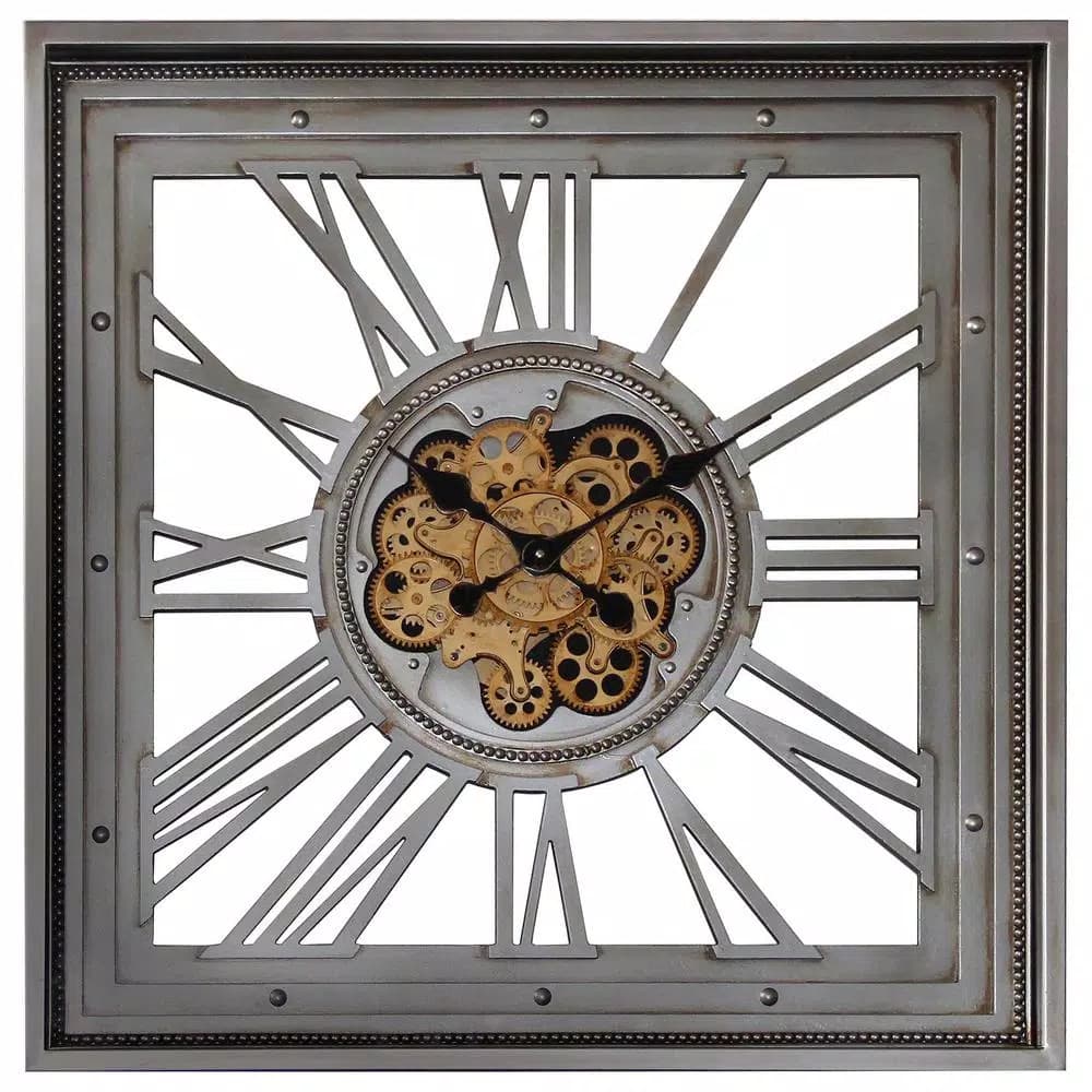 Yosemite Home Decor Golden Gears Antique Silver Square Wall Clock with Interlocking Brass Gears