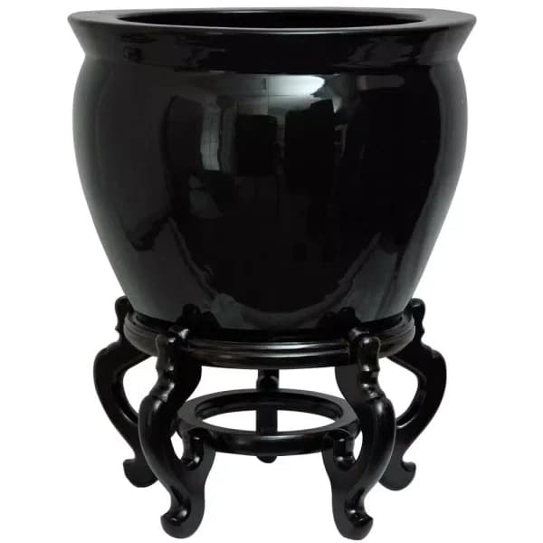 Oriental Furniture 12 in. Solid Black Porcelain Fishbowl Vase