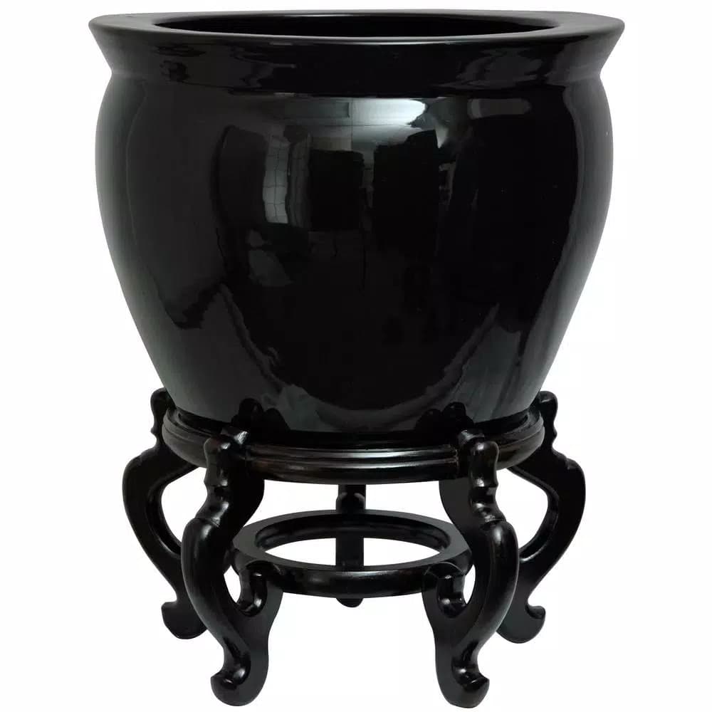 Oriental Furniture 12 in. Solid Black Porcelain Fishbowl Vase