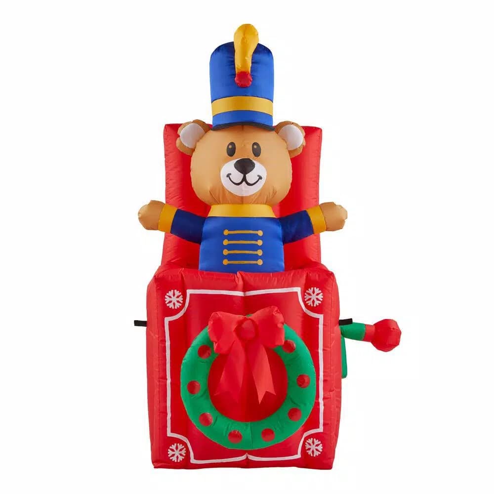 Home Accents Holiday 5 ft. Animated Airblown Inflatable Drum Major Bear in Jack-in-the-Box Christmas Decoration