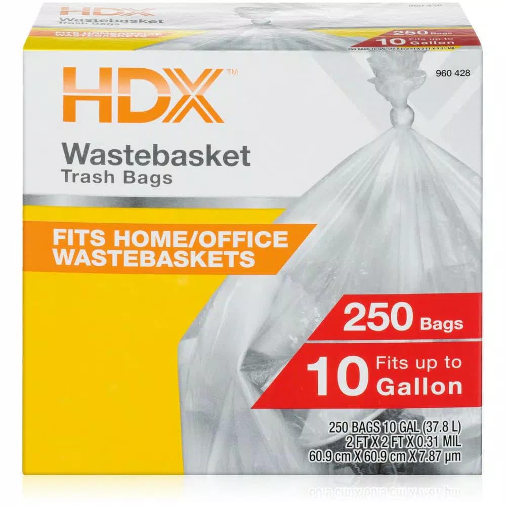 HDX 10 Gallon Clear Waste Liner Trash Bags, 0.31 Mil High-Density Polyethylene, 250 Count