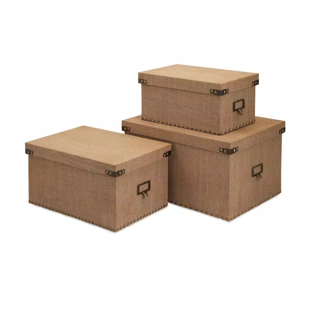 Unbranded Corbin Burlap Document Storage Boxes, Set of 3 with Copper Nail Head Accents