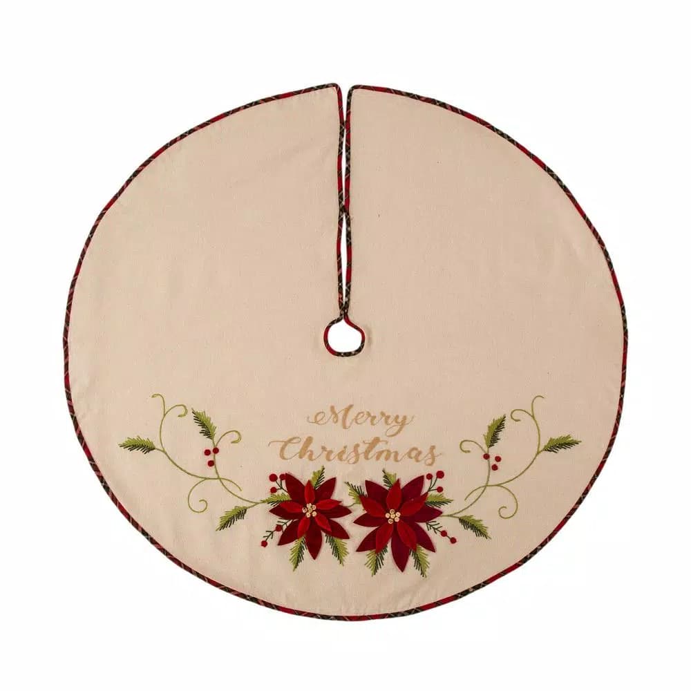Glitzhome 48 in. Poinsettia Fabric Christmas Tree Skirt with Holly and Red Berries
