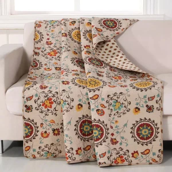 Greenland Home Fashions Andorra Multi Quilted Cotton Throw, Reversible Southwestern Floral Pattern