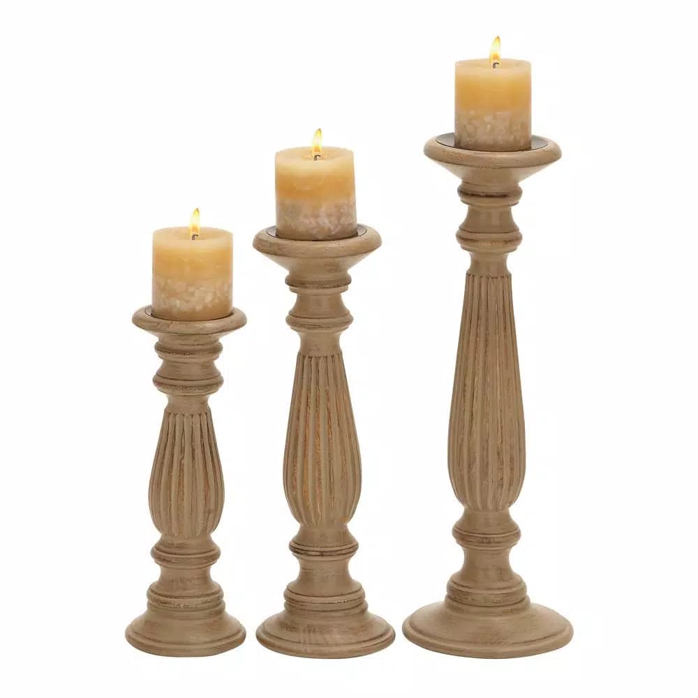 LITTON LANE Rustic Light Brown Carved Mango Wood Candle Holder Set of 3