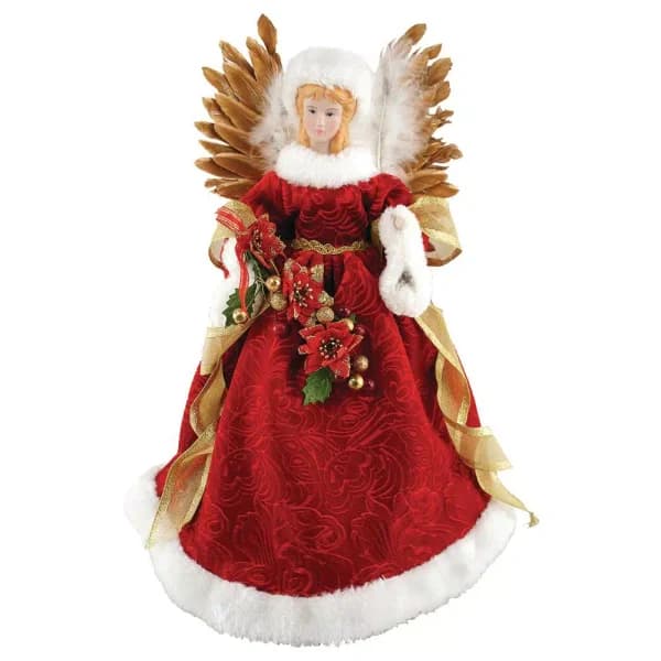 Santa's Workshop 16 in. Majestic Angel Tree Topper with Red Dress and Gold Feathered Wings