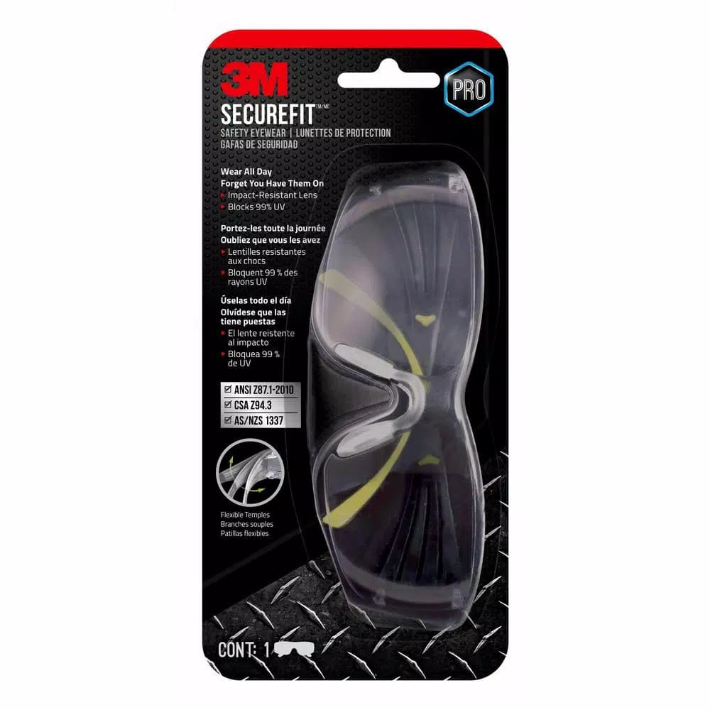 3M SecureFit 400 Series Safety Glasses - Black/Neon Green with Clear Anti-Fog Lenses