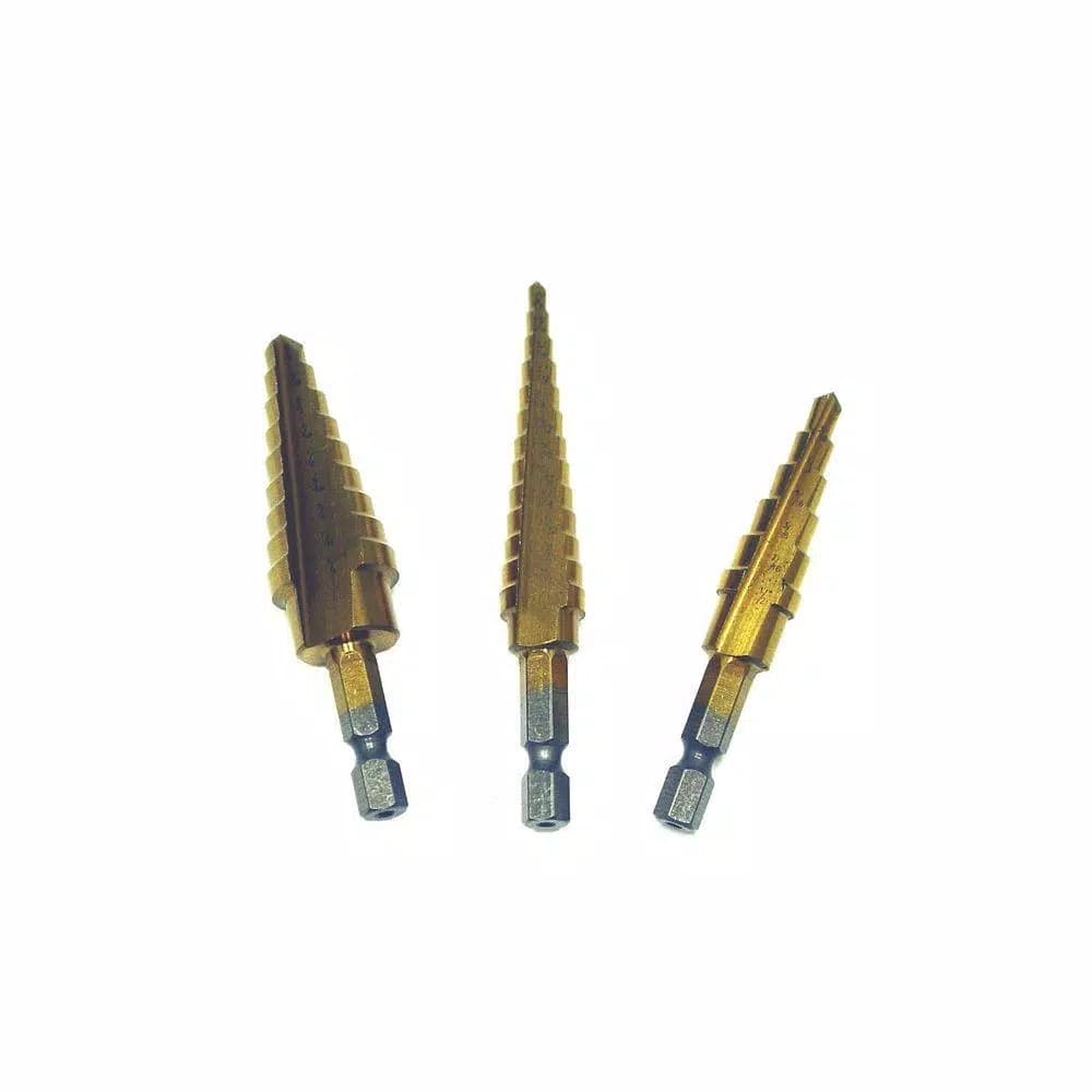 Grand Rapids Industrial Products Titanium Coated High Speed Steel Step Drill Bit Set, 3-Piece, 1/4 in. Hex Shank