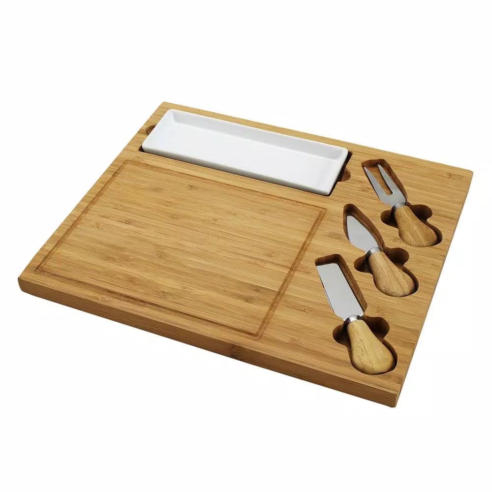 Unbranded Picnic at Ascot Celtic Bamboo Cheese Board Set with Ceramic Dish and 3 Stainless Steel Tools