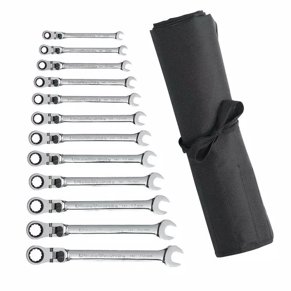 GEARWRENCH 12-Piece Metric Flex-Head Ratcheting Combination Wrench Set with Roll Pouch