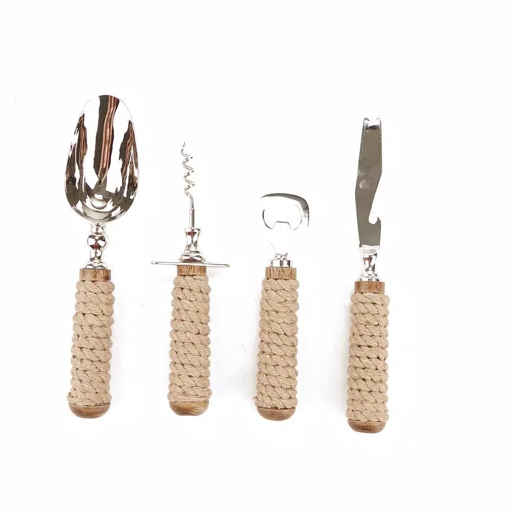 Mind Reader Products 4-Piece Bar Tool Set with Rope-Wrapped Handles, Stainless Steel