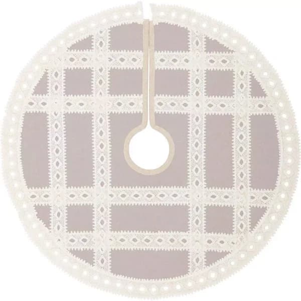 VHC Brands 21 in. Grey Margot Farmhouse Christmas Tree Skirt with Diamond Cut Lace
