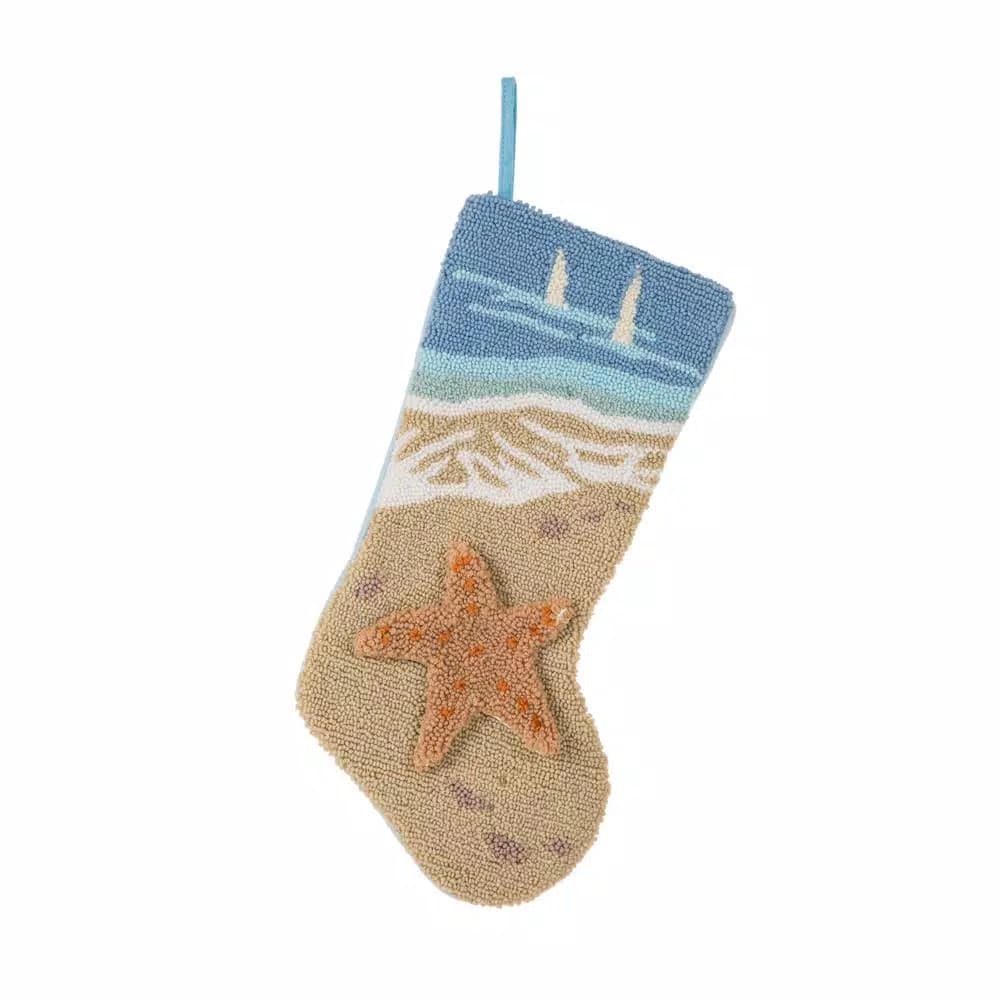 Glitzhome 19 in. Hooked Starfish Christmas Stocking, Nautical Blue Ocean Theme