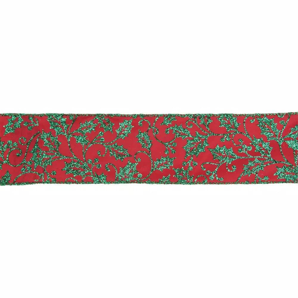 Northlight 2.5 in. x 16 yds. Red and Green Sparkly Holly Wired Craft Ribbon