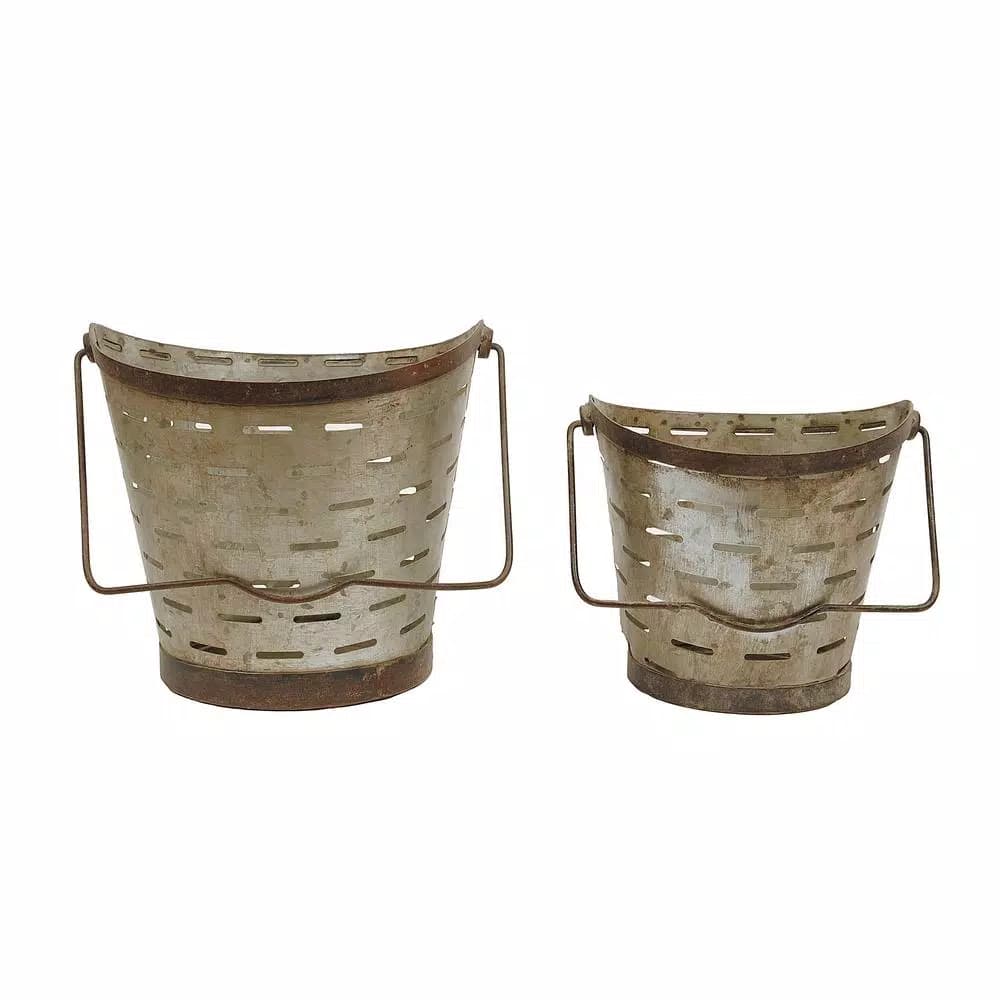 3R Studios Set of 2 Metal Decorative Buckets with Distressed Finish, 8 in. and 10 in.