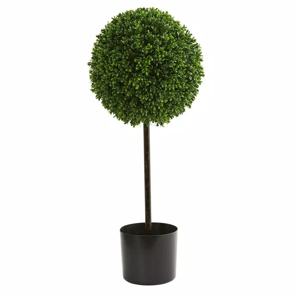 Nearly Natural 2.5 ft. UV Resistant Artificial Boxwood Ball Topiary Tree with Black Pot