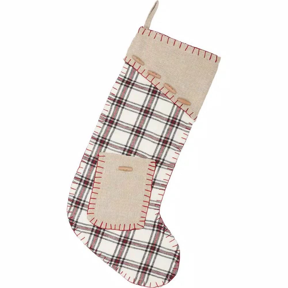 VHC Brands 20 in. Amory Ivory and Plaid Cotton Farmhouse Christmas Stocking with Pocket