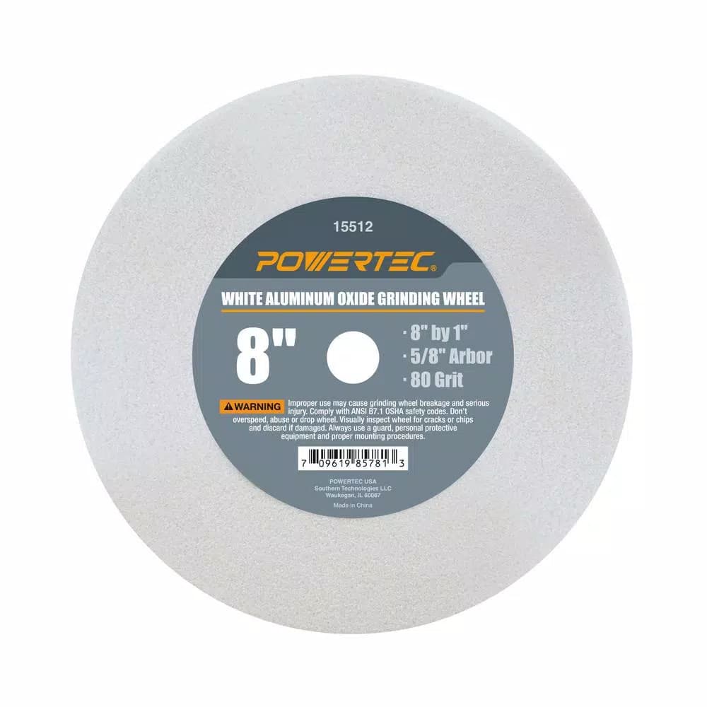 POWERTEC 8 in. x 1 in. 80 Grit White Aluminum Oxide Grinding Wheel, 5/8 in. Arbor
