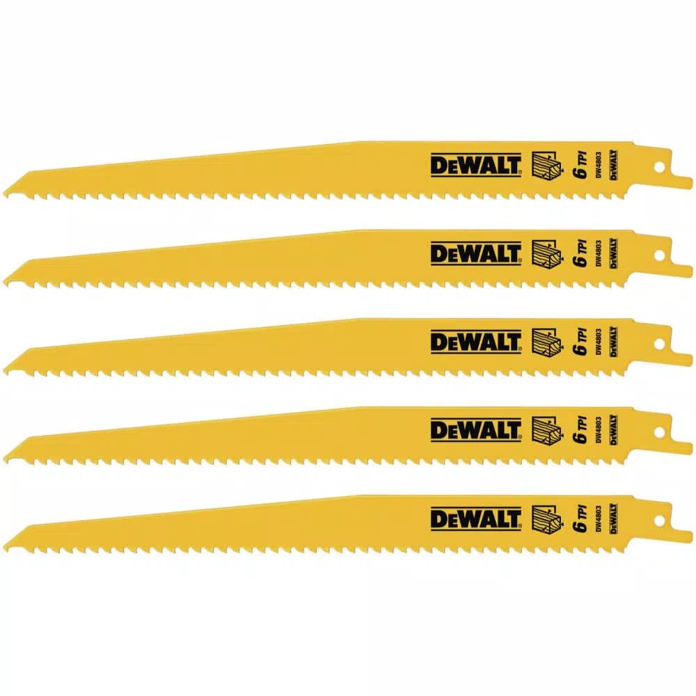 DEWALT 9 in. 6 TPI Bi-Metal Taper Back Reciprocating Saw Blade, 5-Pack