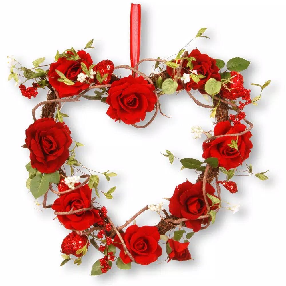 National Tree Company 20 in. Red Rose Heart Wreath with Sequined Hearts and Berries