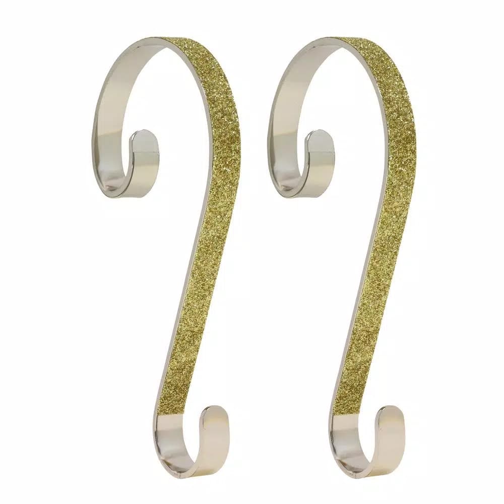 Haute Decor 6 in. Gold Glitter Steel Stocking Scroll Holders, 2-Pack