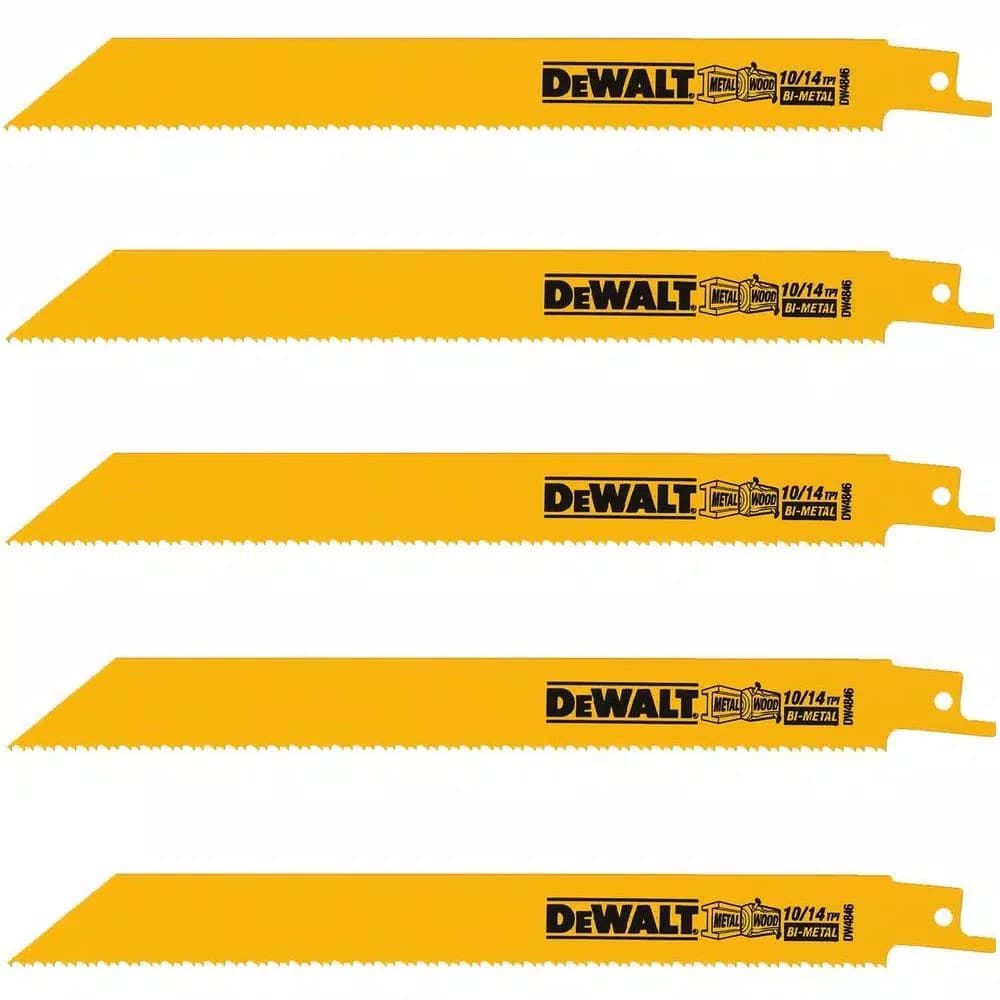 DEWALT 8 in. Bi-Metal Reciprocating Saw Blades, 10/14 TPI, Straight Back, 5-Pack