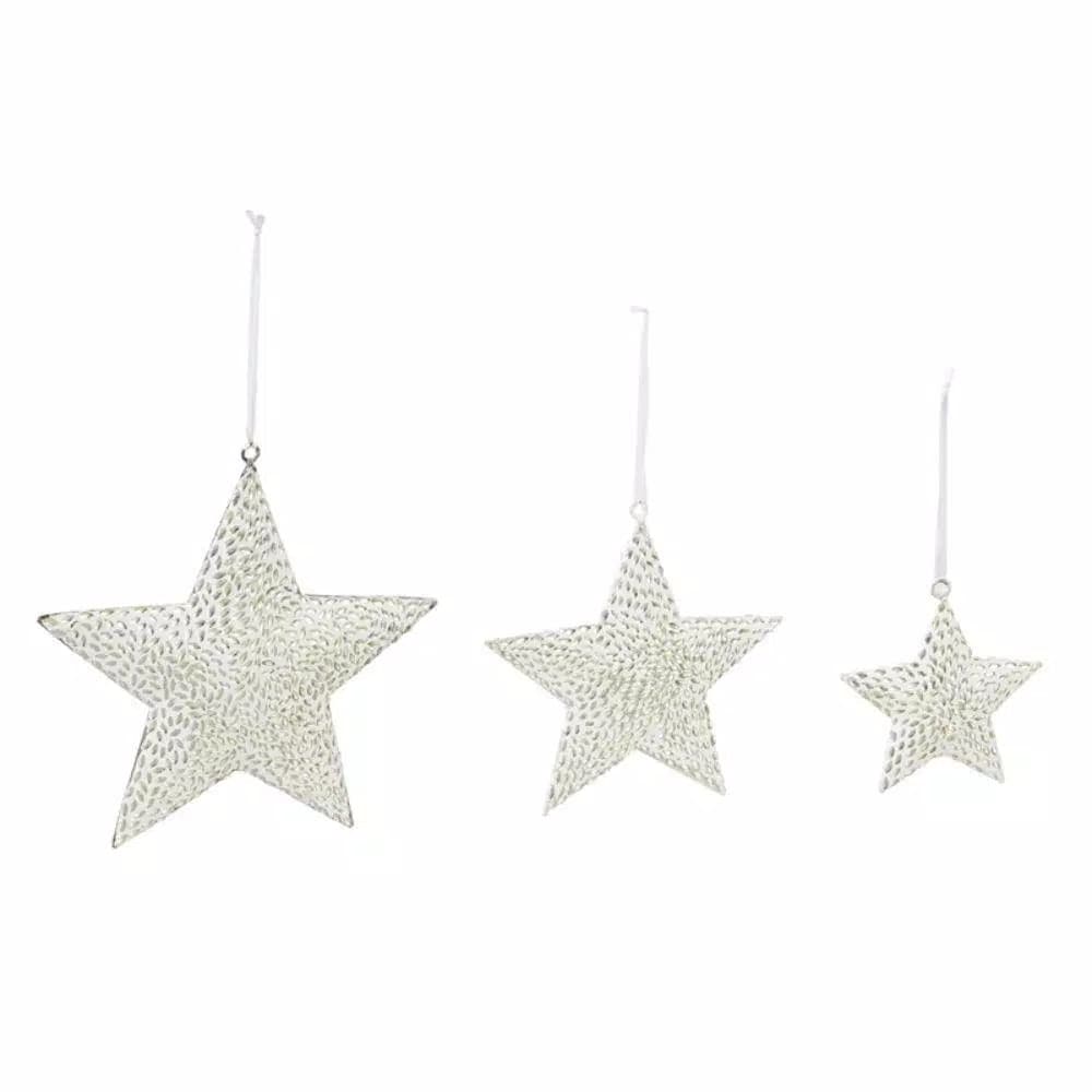 Evergreen 8 in. Metal Star Christmas Ornaments, Textured White Cut-Out Design (3-Pack)
