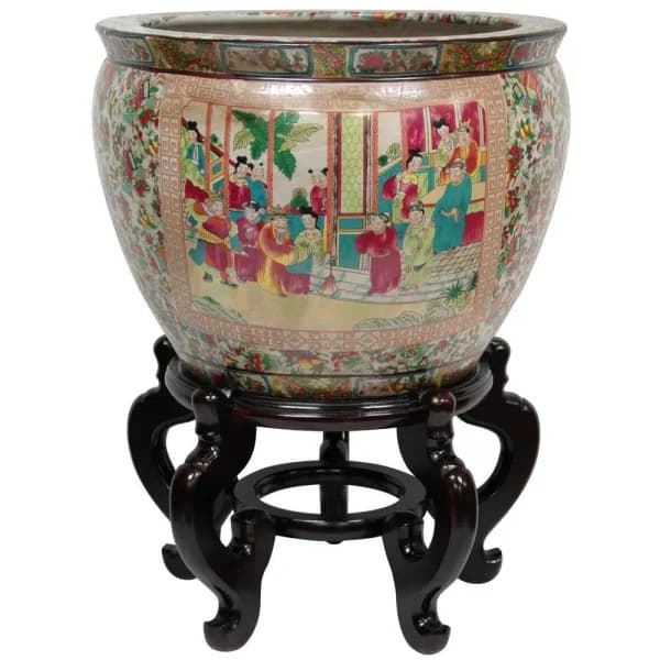 Oriental Furniture 16 in. Rose Medallion Porcelain Fishbowl Vase
