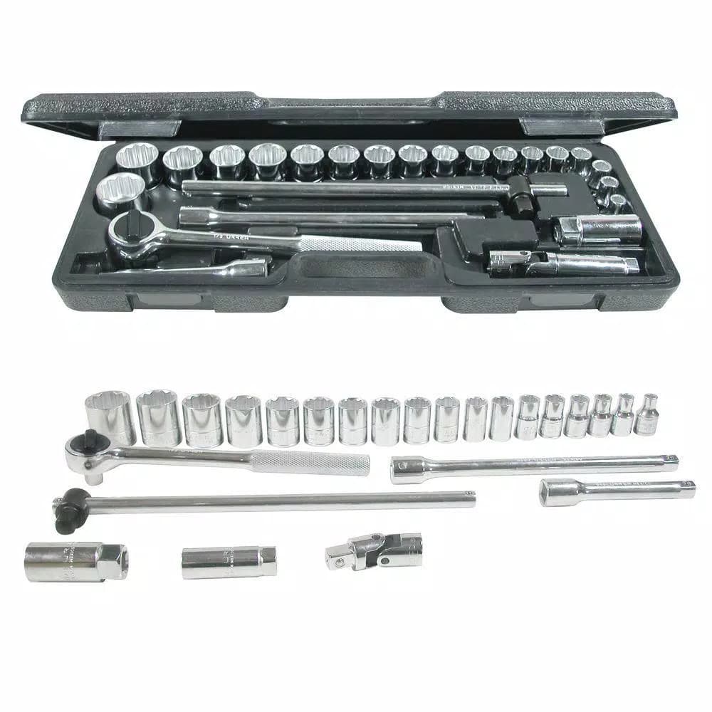URREA 1/2 in. Drive 12-Point Hand Socket & Accessories Set, 25-Piece with Blow Molded Case