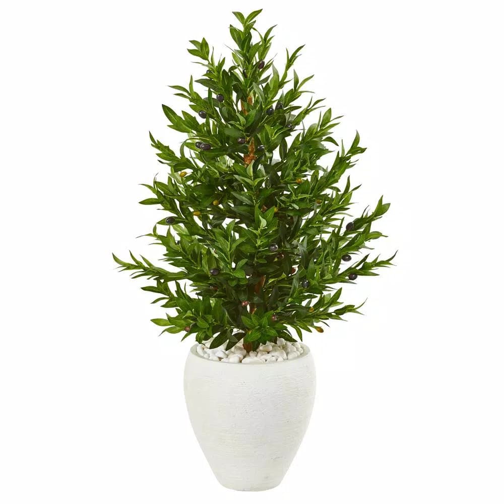 Nearly Natural 3.5-Ft. Artificial Olive Cone Topiary Tree with White Planter, Indoor/Outdoor UV-Resistant
