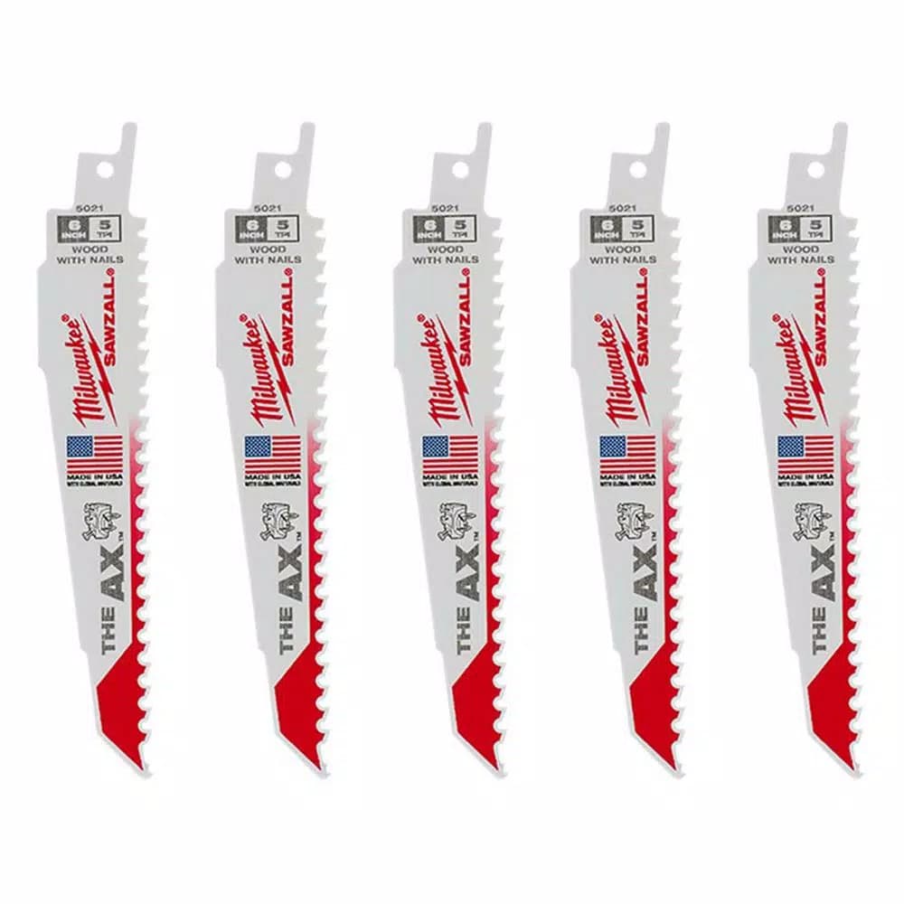 Milwaukee AX 6 in. 5 TPI Wood & Nail Embedded Reciprocating Saw Blades (5-Pack)