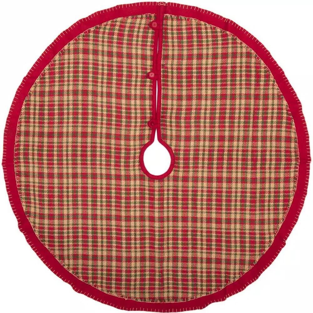 VHC Brands Claren 48 in. Cherry Red Rustic Plaid Christmas Tree Skirt with Gold Metallic Thread