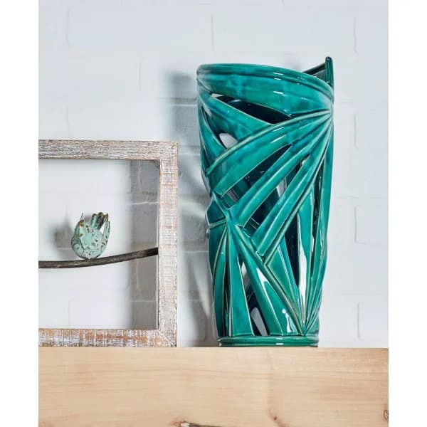 CosmoLiving by Cosmopolitan 16 in. Emerald Green Ceramic Palm Leaf Decorative Vase - Modern Coastal Stoneware
