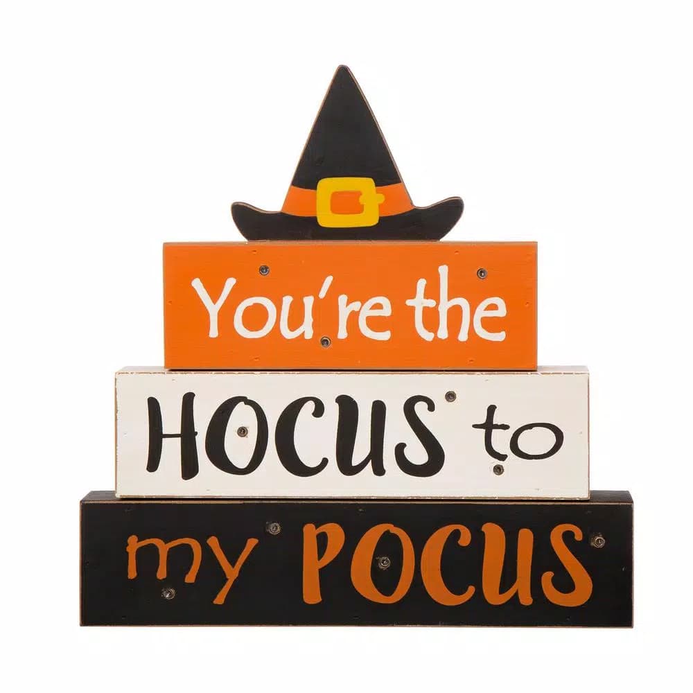 Glitzhome 11.54 in. LED Lighted Halloween Wooden Word Block Decor - Hocus Pocus Sign