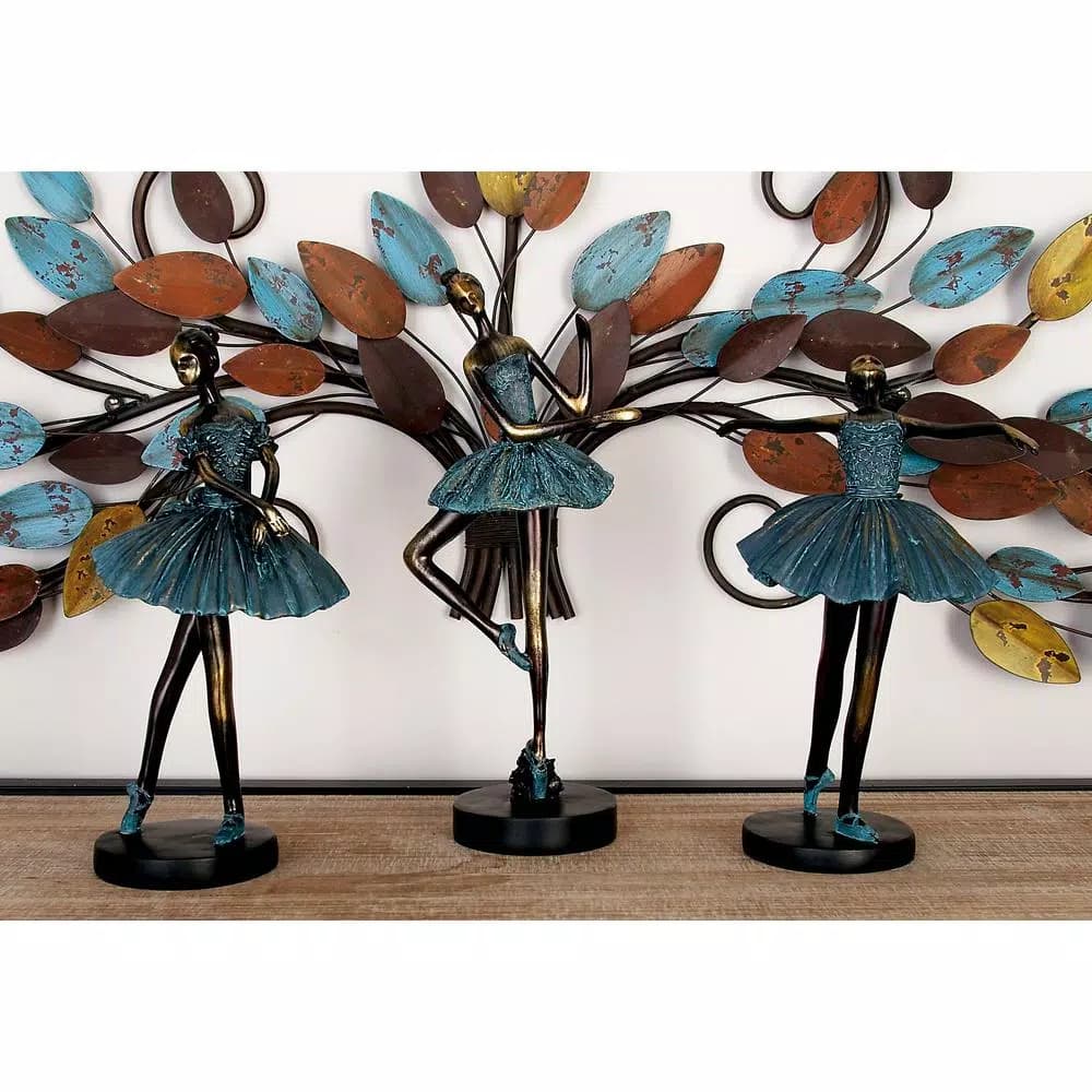 LITTON LANE Polystone Ballerina Tutu Sculptures Set of 3 - Teal and Brown Decorative Statues