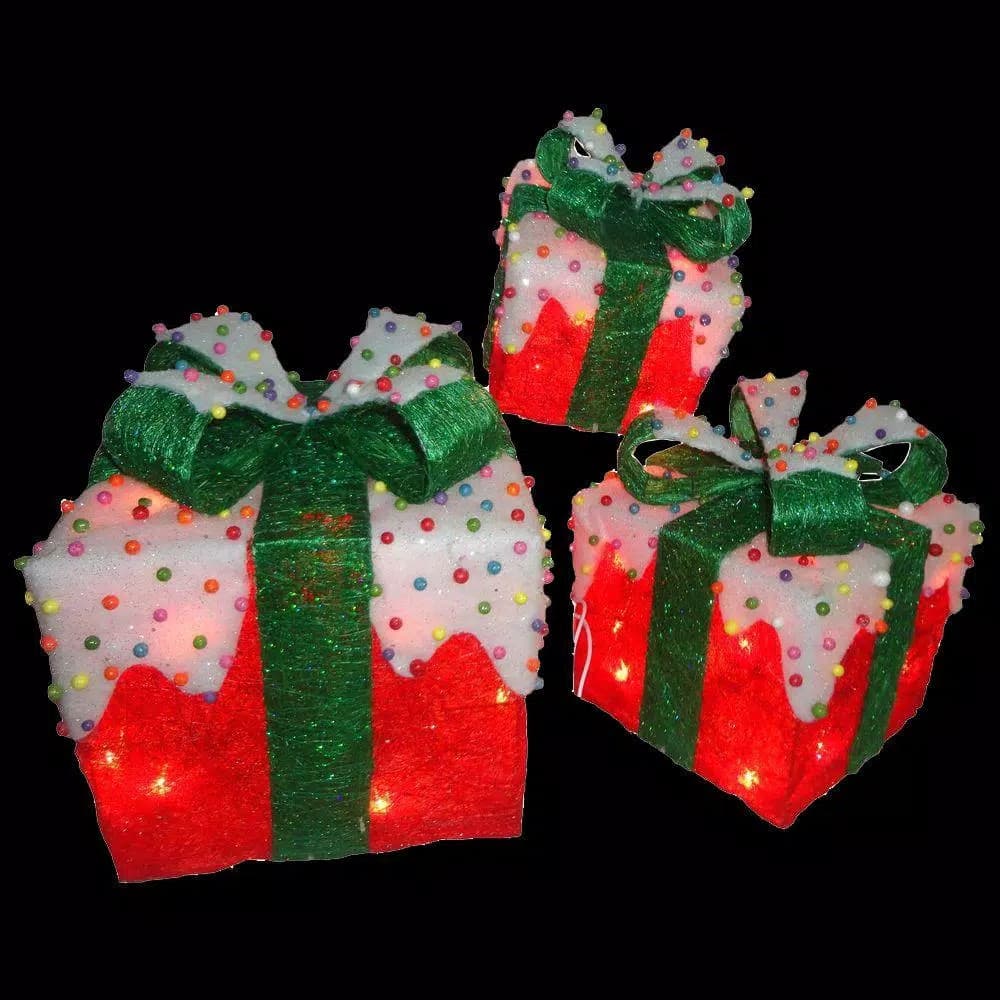 National Tree Company Pre-Lit Red Sisal Gift Box Assortment, 3-Piece Snow Covered Holiday Decor
