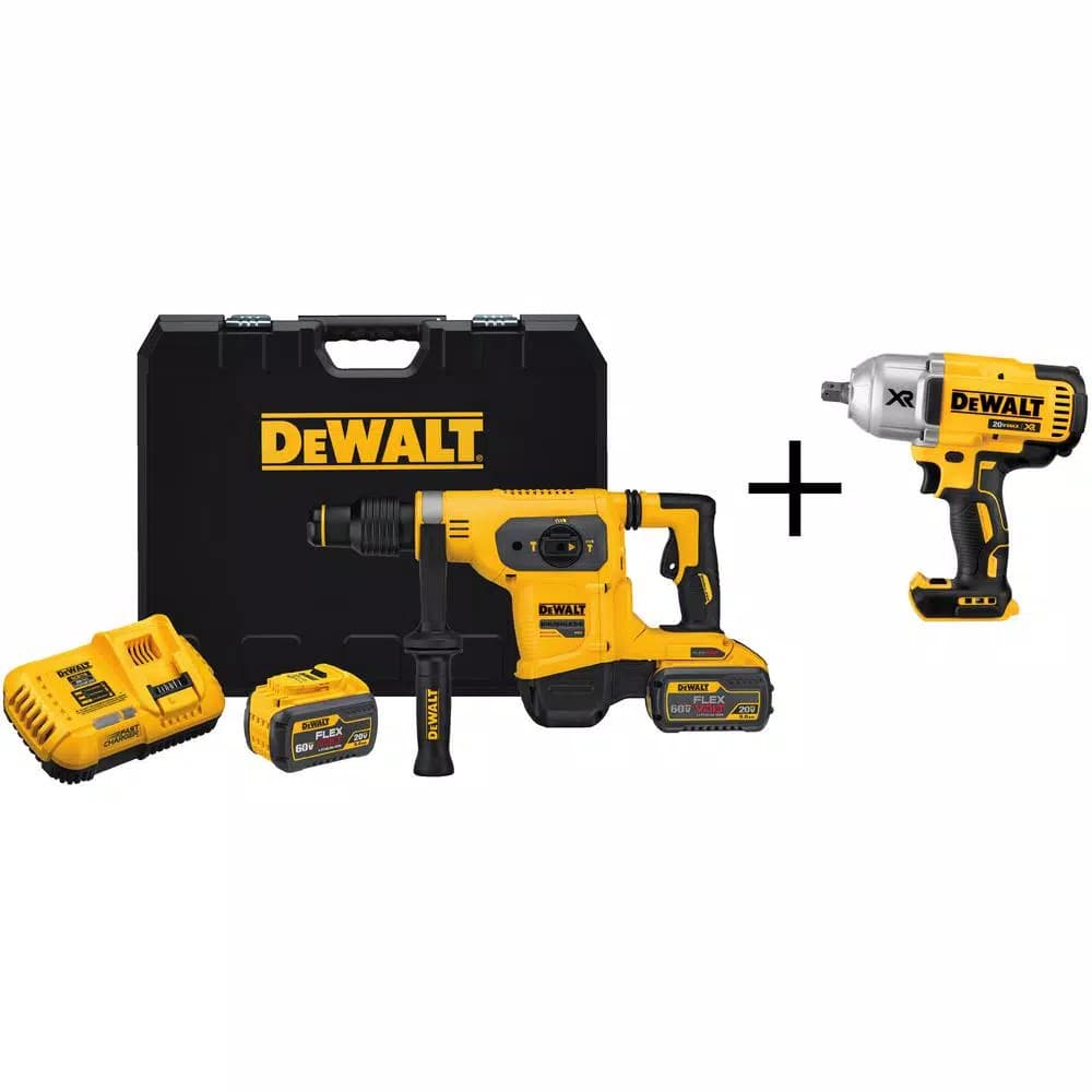 DEWALT 60V MAX FLEXVOLT Brushless 1-9/16 in. SDS MAX Rotary Hammer Kit with (2) 9.0 Ah Batteries & Impact Wrench