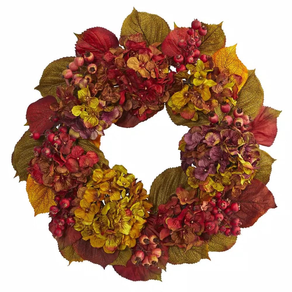 Nearly Natural 24 in. Fall Hydrangea Wreath - Multi-Colored Autumn Floral Arrangement