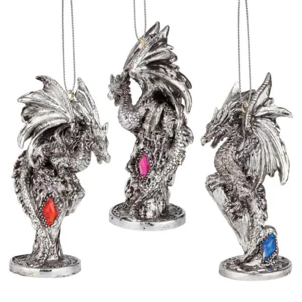 Design Toscano Three Dragons of the Amesbury Holiday Gemstone Ornament Set, 3-Piece Silver Resin