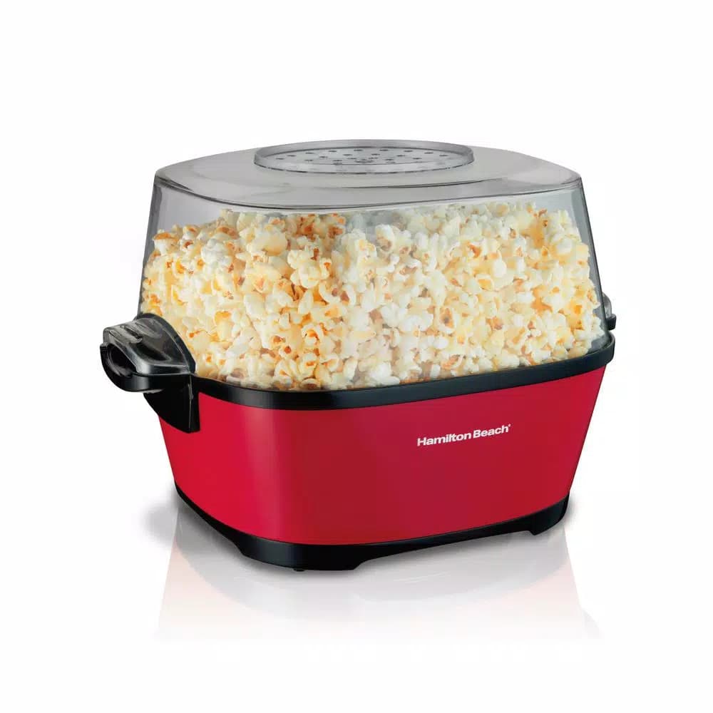 Hamilton Beach Hot Oil Popcorn Popper with Motorized Stirring Arm and Butter Well - Red
