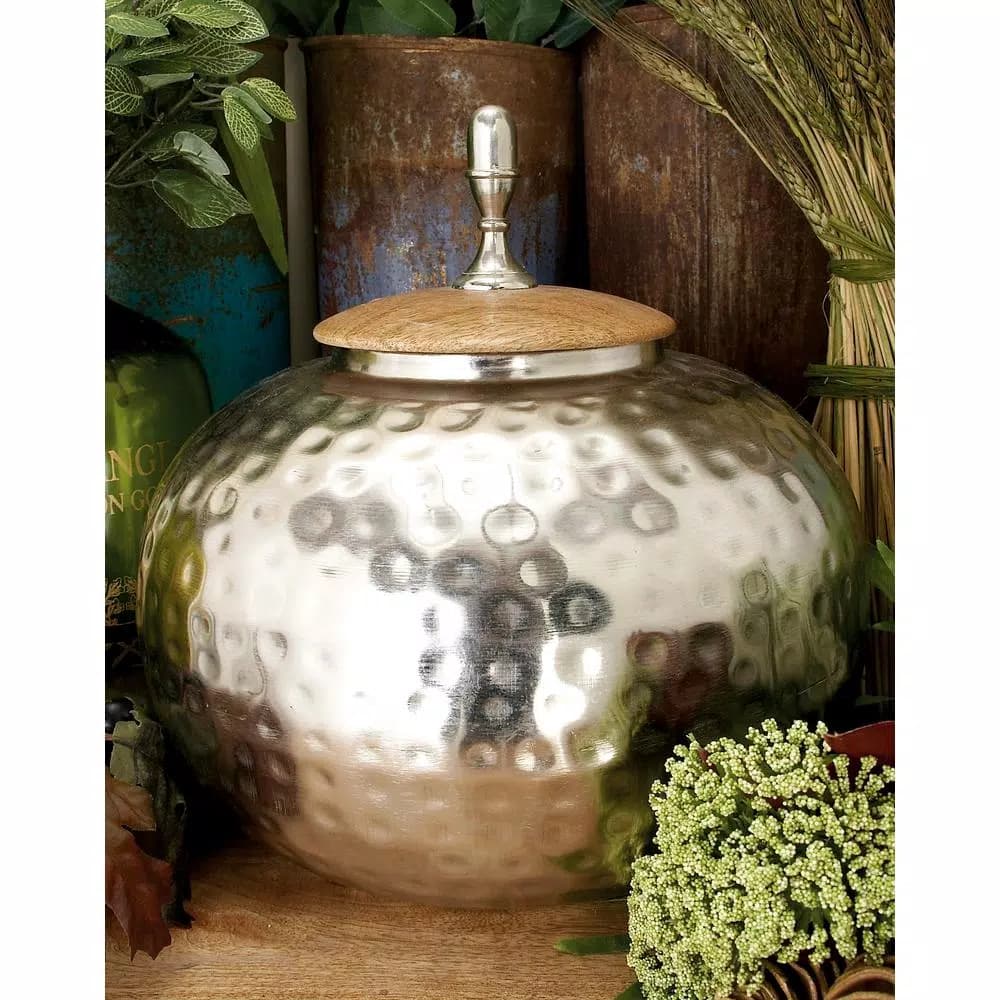 LITTON LANE 12 in. Silver Dimpled Iron Urn-Type Round Jar with Oak Brown Wood Lid