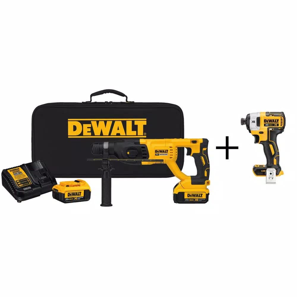 DEWALT 20V MAX XR Brushless 1 in. SDS Plus D-Handle Rotary Hammer Kit with (2) 4 Ah Batteries & Impact Driver