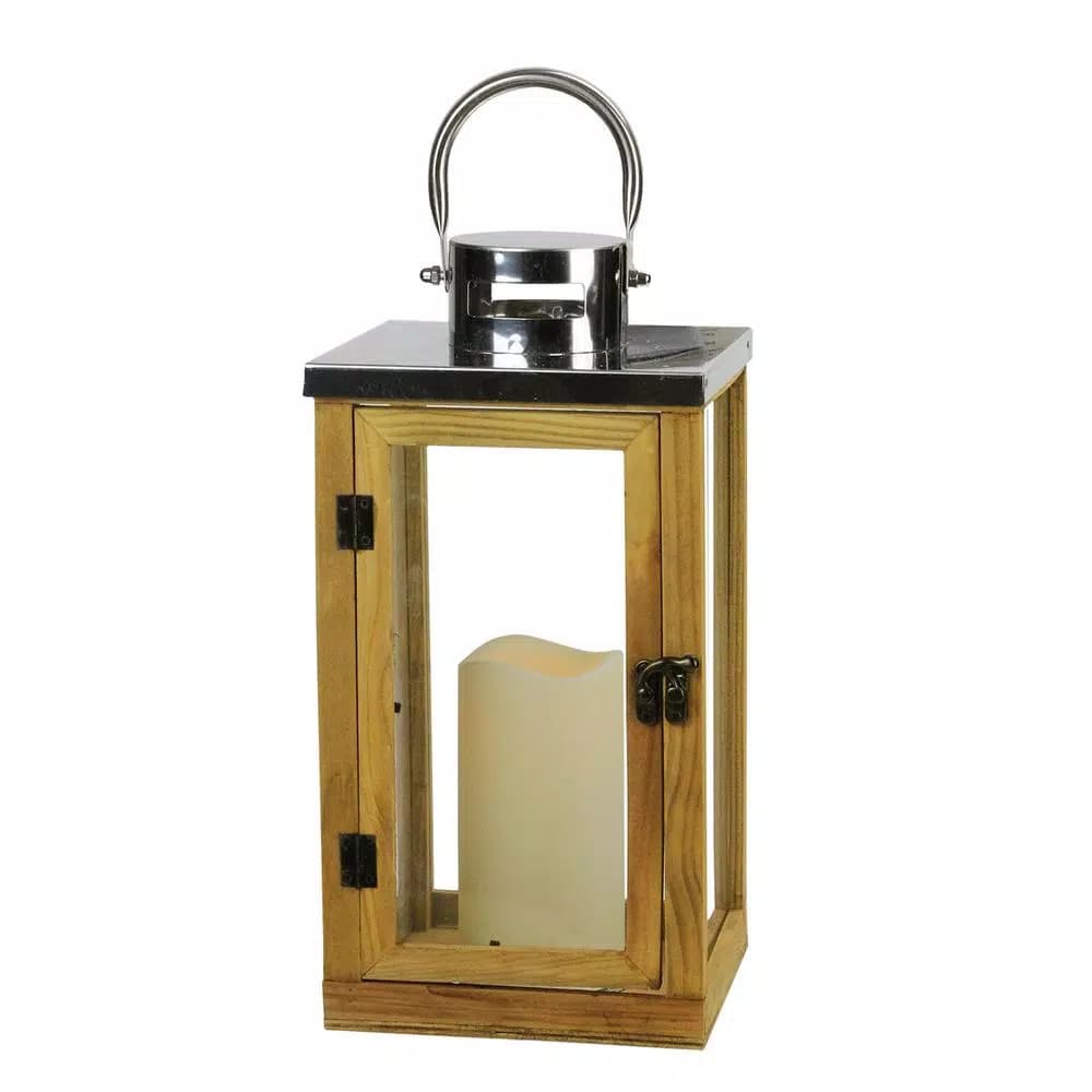 Gerson 13.75 in. Country Rustic Wood and Glass Lantern with LED Flameless Pillar Candle and Timer