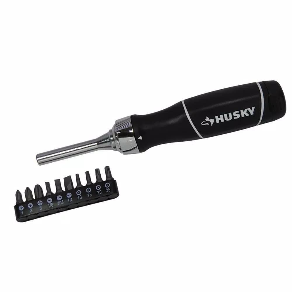 Husky 10-Piece Ratcheting Screwdriver Set with Slotted, Phillips, and Tamper Resistant Torx Bits